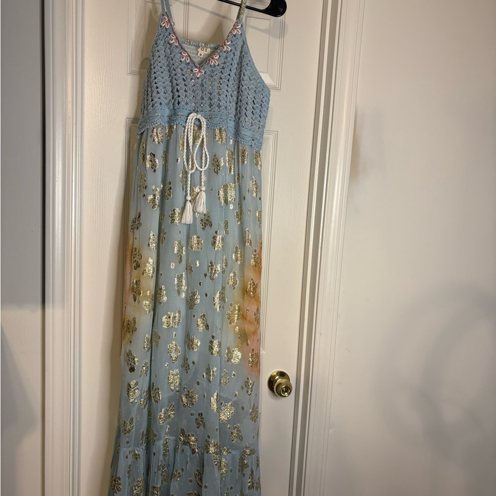 POL Light Blue Crotchet Mirror Embroidered Maxi Dress with Gold Foil Accents
